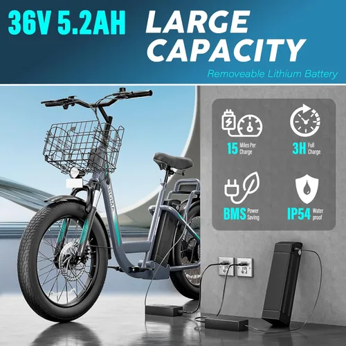 Miniatura 4 de Caroma Peak - Scooter eléctrico de 500 W/800 W/1200 W con asiento, bicicleta eléctrica de neumático grueso de 20 pulgadas con batería extraíble