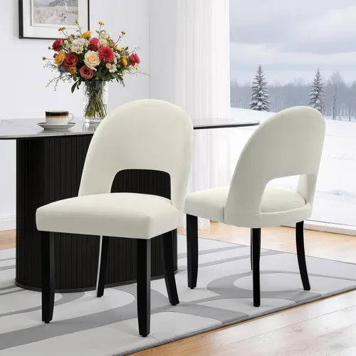 Miniatura 25 de Juego de 2 sillas de comedor de madera, modernas sillas de comedor tapizadas para cocina con tela de lino y respaldo abierto, patas de madera