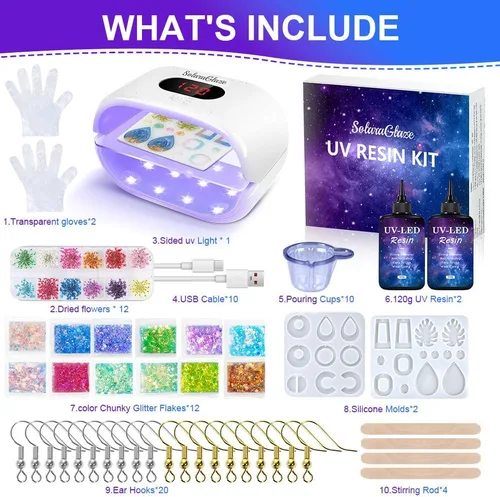 Miniatura 6 de Kit de resina UV SolaraGlaze con luz de 240g, tipo duro, resina UV transparente para hacer joyería, luz de dos lados y moldes, suministros
