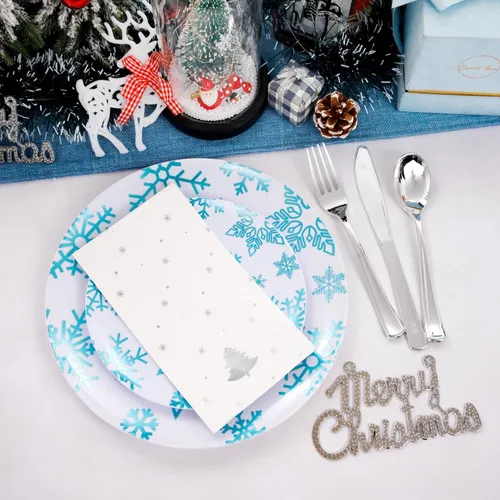 Miniatura 4 de WDF Juego de 175 piezas de platos y servilletas navideños desechables para 25 invitados, platos blancos y azules con cubiertos, vasos con copos