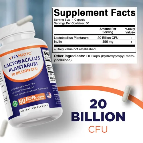 Miniatura 2 de Vitamatic Lactobacillus Plantarum - 20 mil millones por cápsula DR - 60 unidades - Soporte digestivo - Fabricado con fibra prebiótica de inulina