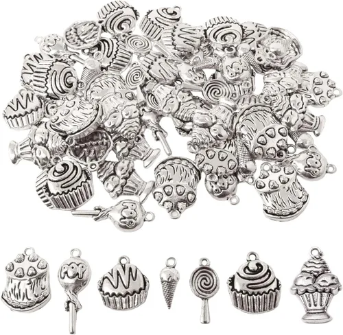 Honbay 70 dijes de aleación para tartas, piruletas, helados, magdalenas, alimentos, colgantes para aretes, pulseras, collares, joyería (7 estilos),