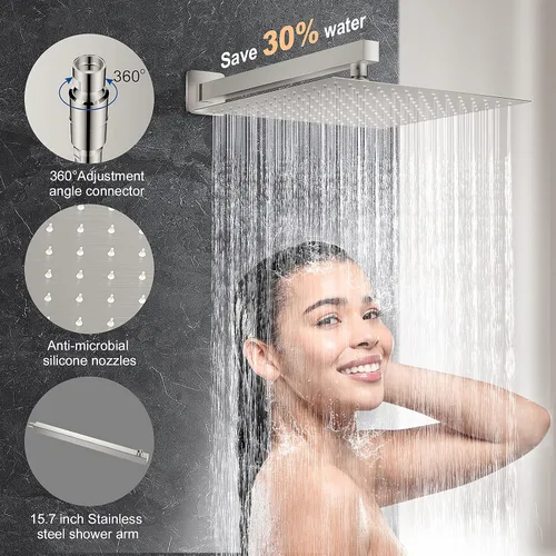 Miniatura 2 de Sistema de ducha de 10 pulgadas con boquilla de bañera, juego de grifo de ducha de níquel cepillado de 3 funciones, cabezal de ducha de alta presión