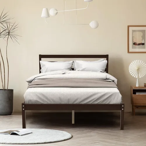 Miniatura 3 de Giantex Base de cama de plataforma de madera, cabecera con paneles, soporte de listones de madera, no necesita resortes, base de colchón de cama