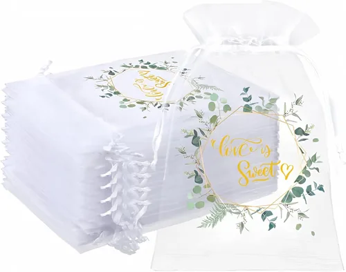 Windyun 200 bolsas de organza Love Is Sweet para regalo de boda, 4 x 6 pulgadas, bolsas de regalo de dulces, pequeñas bolsas de malla de eucalipto
