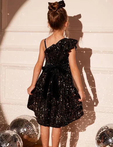 Miniatura 4 de GRACE KARIN Vestido de lentejuelas de un hombro para niñas, vestido de fiesta alto y bajo para 5-14 años