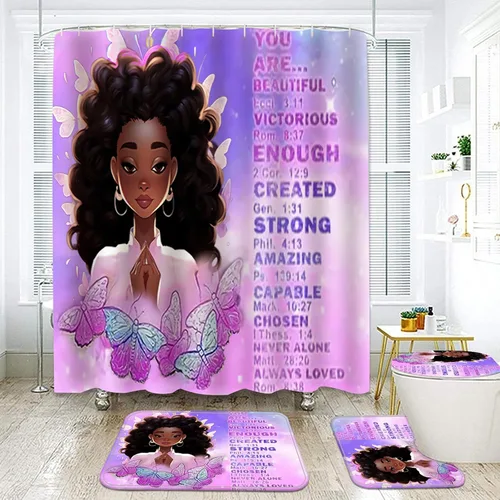 Miniatura 7 de NEWSUYAA Juego de 4 cortinas de ducha para niña negra con alfombras de baño, juego de 4 juegos de baño rústicos afroamericanos, cortinas