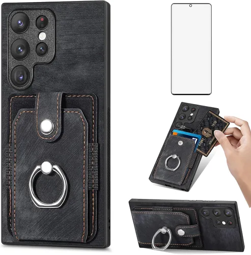 Asuwish Funda de teléfono para Samsung Galaxy S22 Ultra 5G Funda tipo cartera con protector de pantalla de vidrio templado y soporte delgado para