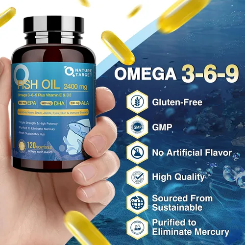 Miniatura 7 de NATURE TARGET Triple Omega 3 6 9, Aceite de Pescado 2400mg Cápsulas Blandas con Vitamina D3 y E - EPA y DHA y ALA - Apoya la Salud del Corazón