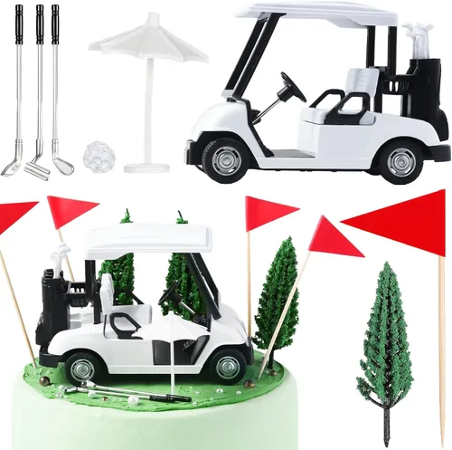 Miniatura 8 de Leitee 21 piezas de decoración de pastel de golf con mini carrito, bandera roja, bola, árbol verde, club, sombrilla de sol para decoración de pastel