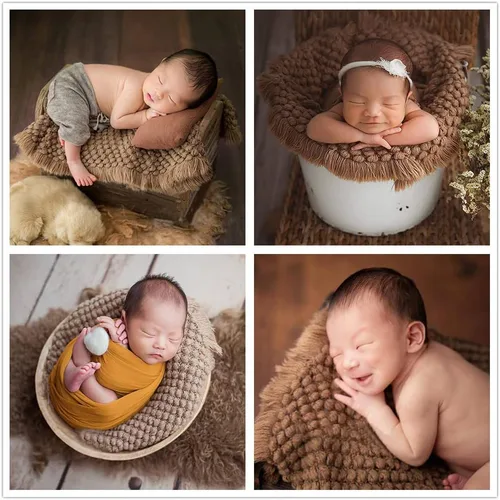 Miniatura 50 de Zeroest Accesorios para fotografía de bebé, canasta trenzada de lana de oveja para recién nacidos, relleno de canasta para sesión de fotos