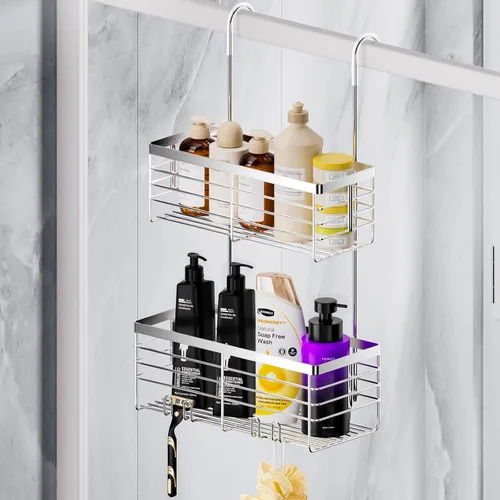 Miniatura 7 de SHANSHUI Organizador de Ducha Colgante, Organizador Doble para Baño, Cesta Organizadora de Ducha, Soporte para Champú, Estante de Ducha sobre Puerta