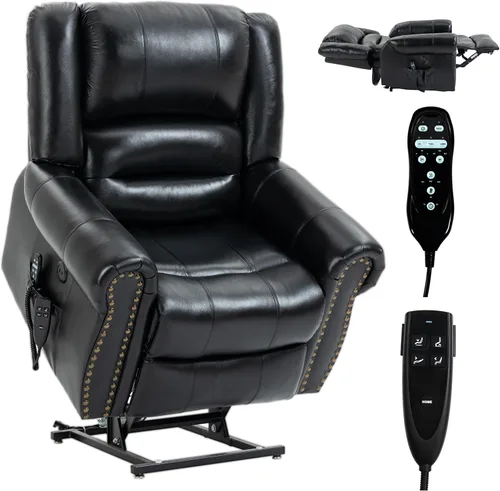 Silla elevadora eléctrica de doble motor, silla reclinable plana con masaje y calor para personas mayores, control remoto, posición infinita, Negro