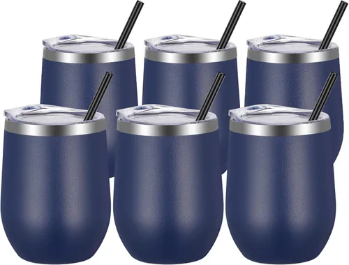 Miniatura 17 de VEGOND - Vaso de vino de acero inoxidable de 12 onzas con tapa y popote, vaso de vidrio de vino aislado de doble pared sin tallo, taza de café