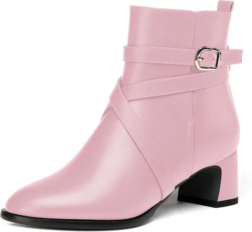 Miniatura 12 de WAYDERNS Botas altas de tobillo con hebilla casual para mujer, con correa de tobillo sólida mate, tacón bajo y grueso, 2 pulgadas