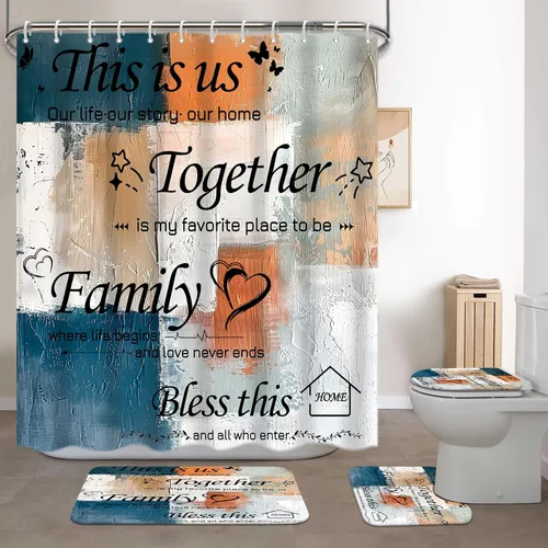 Miniatura 6 de Lnond Juego de 4 Piezas de Cortinas de Ducha para Baño con Alfombras, Azul y Naranja Motivacional Hogar Familia Juegos de Baño con Cortina de Ducha
