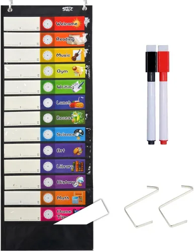 Miniatura 9 de Tabla de bolsillo para horario diario, tablas de aula con 13+1 bolsillos, 13 tarjetas de colores reutilizables de doble cara, 13 en blanco y 2