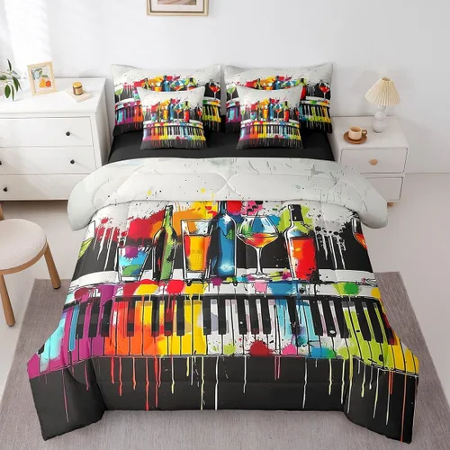 Miniatura 17 de Piano Music 7pcs Comforter King,Musical Notes Bedding Set Kids Girls Boys Teens Room Decor,Retro Graffiti Grey Gold Music Lover Bed in a Multi 11
