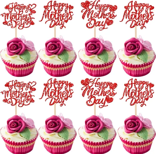 Miniatura 30 de Rsstarxi Paquete de 30 adornos dorados para cupcakes para el Día de la Madre con purpurina para el Día de la Madre, la mejor mamá del mundo