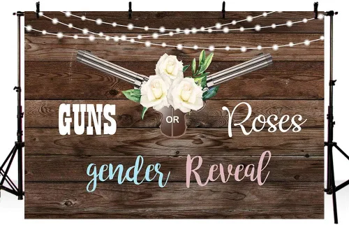 MEHOFOND Pistolas o rosas para revelación de género para fiesta de fondo de fotos, luces de madera rústica con purpurina, unisex, decoración de baby