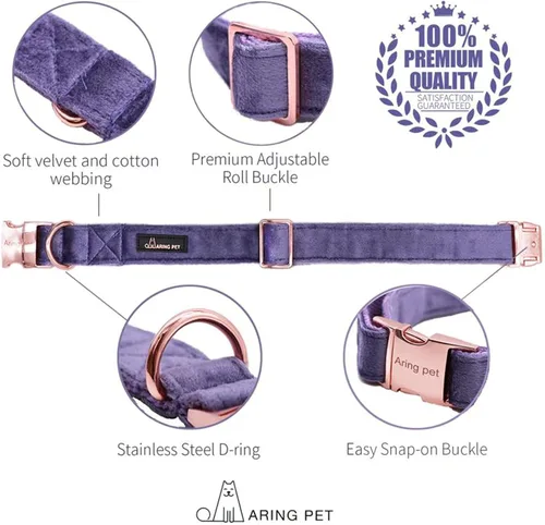 Miniatura 2 de ARING PET Juego de collar y correa de terciopelo para perro, collar y correa de perro morado suave, collares ajustables para perros Púrpura