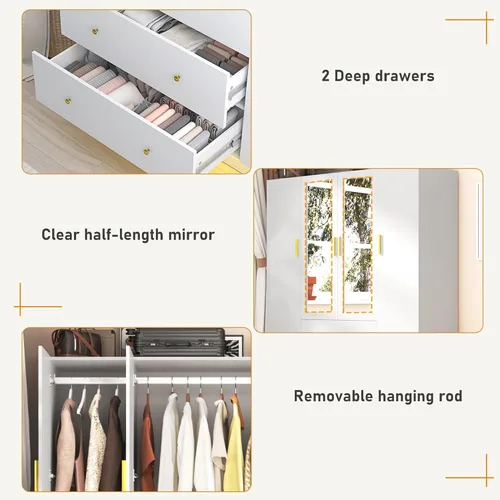 Miniatura 4 de Armario de 4 puertas con espejo, armario LED con puertas y cajones, armario de almacenamiento de madera con barra para colgar, estantes ajustables