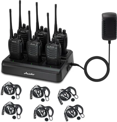 Walkie Talkies para adultos de largo alcance recargable de 2 vías con cargador de banda de 6 bancos y baterías de repuesto (paquete de 6)