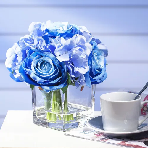 Miniatura 2 de Arreglos de flores artificiales de seda de rosas y hortensias en jarrón de cristal para decoración del hogar y boda (azul)