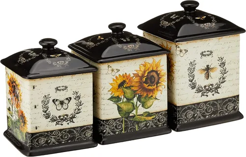 Certified International Juego de 3 tarros de cerámica para almacenamiento de girasoles franceses, con tapas, decoración de girasol vintage, diseño
