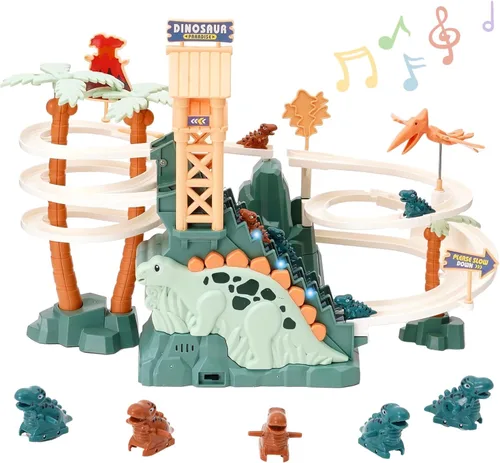 Miniatura 7 de Juego de pista de persecución de dinosaurios con música, tobogán de doble bucle, subir escaleras y montaña rusa, juguete educativo para niños Azul