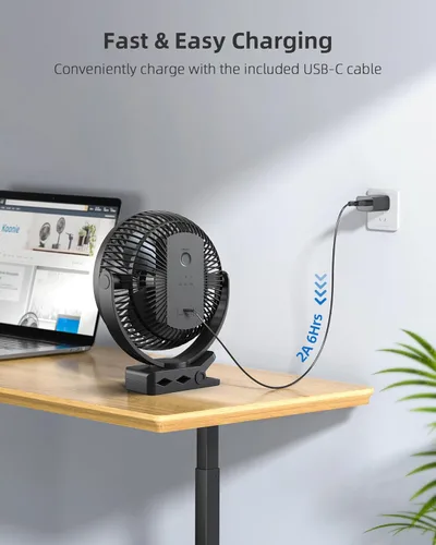 Miniatura 9 de Koonie-Ventilador de clip, 10,000 mAh, recargable, 8 pulg, USB, 4 velocidades, fuerte flujo de aire, abrazadera, p/carrito de Negro