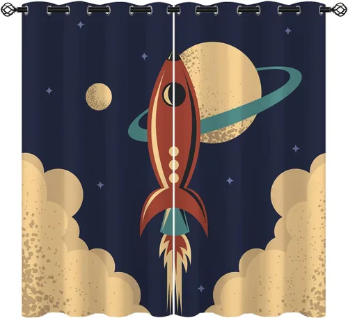 Miniatura 11 de Cortinas opacas con diseño de cohetes de dibujos animados para niñas y niños, decoración del hogar, aventura en el espacio, galaxia, planetas, azul