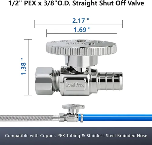 Miniatura 5 de Válvula de Apagado WiseWater 1/2" PEX x 3/8" de Compresión, 1/4 Vuelta con 10 Abrazaderas de Acero Inoxidable, Latón Chapado en Cromo PEX de Cierre