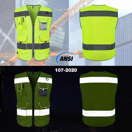 Miniatura 2 de TCCFCCT Hi Vis Chaleco de seguridad reflectante de alta visibilidad con 9 bolsillos para hombres y mujeres, chaleco de construcción con tiras