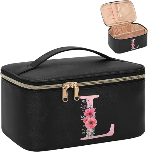 Miniatura 30 de OCHEAL Bolsa de maquillaje personalizada, bolsa de maquillaje beige para mujer, kit de aseo de viaje con monograma, organizador de cosméticos listo