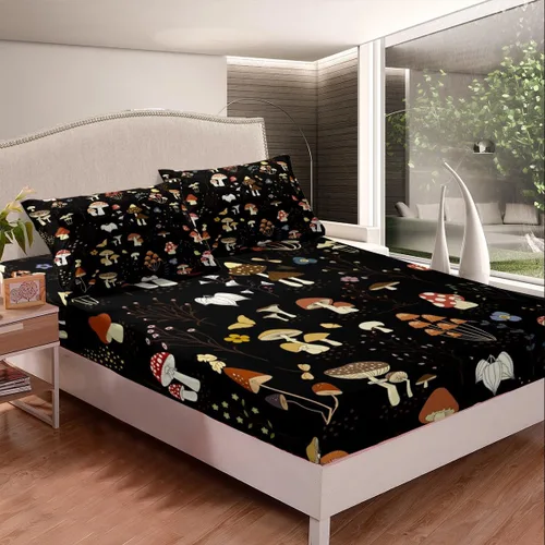 Miniatura 3 de Erosebridal Juego de sábanas de hongos para cama individual, diseño de hongos de dibujos animados, diseño de mariposas kawaii, plantas botánicas