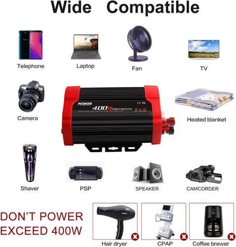 Miniatura 6 de Inversor de corriente de 400 W, DC 12 V a 110 V CA adaptador de enchufe de automóvil con 2 salidas de cargador y puertos USB duales de 3.1 A