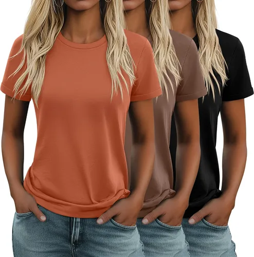Miniatura 44 de Huukeay Paquete de 3 camisetas de algodón para mujer, estilo casual, de manga corta, cuello redondo, ajuste holgado, básica, lisa