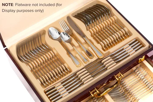 Miniatura 6 de Caja de almacenamiento de cubiertos con cajón, para juegos de hasta 75 piezas, estuche de alto brillo con tapa y asas chapadas en oro, baúl