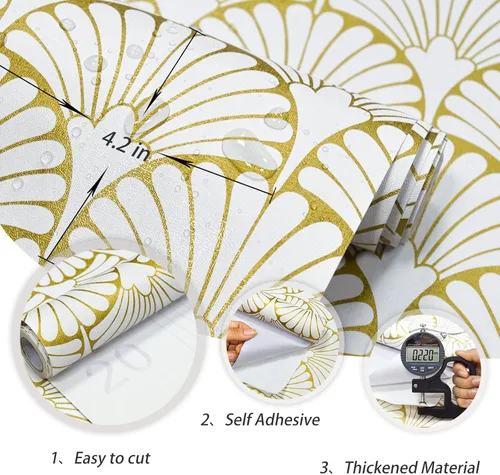 Miniatura 5 de MelunMer Papel tapiz dorado para despegar y pegar, papel adhesivo dorado bohemio para gabinetes, autoadhesivo, extraíble, para dormitorio/baño