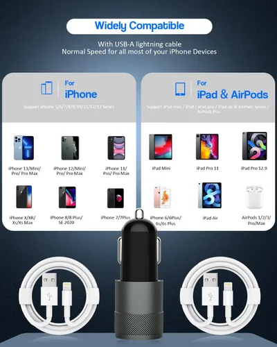 Miniatura 7 de Cargador de coche para iPhone con certificación MFi de Apple, carga rápida de 3.4 A, cargador USB de doble puerto, adaptador de encendedor de Gris