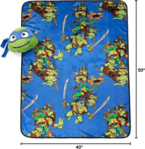 Miniatura 7 de Jay Franco Nickelodeon Teenage Mutant Ninja Turtles Mutant Mayhem Leonardo Nogginz - Juego de manta y almohada de felpa de 40 x 50 pulgadas, juego