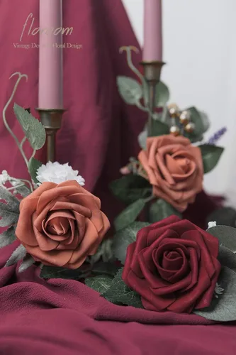 Miniatura 2 de Floroom Flores Artificiales 50 piezas Rosas Falsas de Espuma Burdeos de Aspecto Real con Tallos para Ramos de Boda DIY Centros de Mesa Rojos