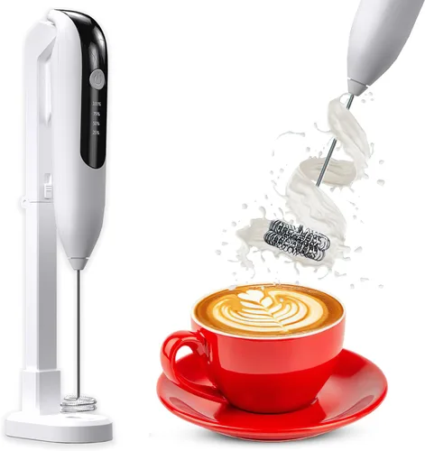 Miniatura 7 de Espumador de leche inalámbrico recargable de mano con soporte para arte con leche, batidor doble pequeño, espumador de leche, espumador de café