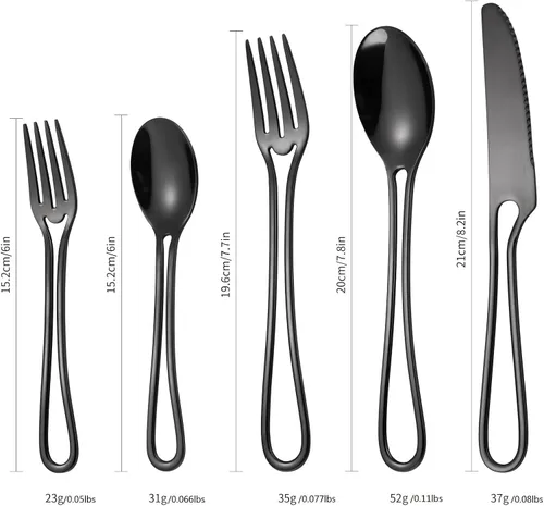 Miniatura 5 de Juego de cubiertos huecos de color negro de 20 piezas de acero inoxidable para 4, cubiertos colgantes, tenedores, cucharas y cuchillos, utensilios
