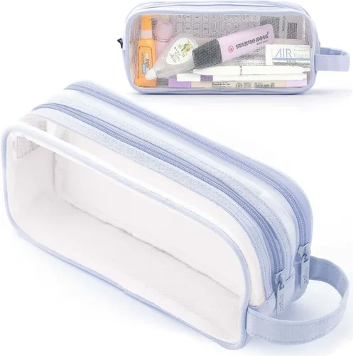Miniatura 12 de Estuche grande de malla de malla con 2 compartimentos, bolsa transparente para lápices con cremallera, bolsa de papelería transparente multifunción