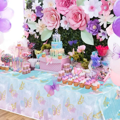 Miniatura 6 de 4 manteles de fiesta de mariposas, mantel de decoración de cumpleaños de mariposa, manteles rectangulares coloridos con diseño de mariposa