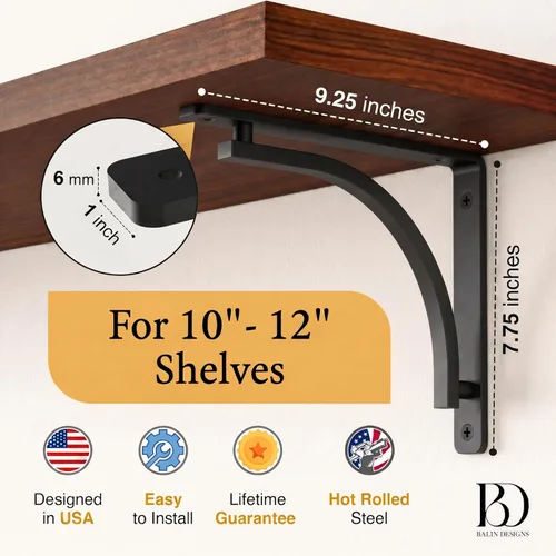 Miniatura 2 de Balin Designs - Soportes clásicos negros resistentes para estantes de 10 pulgadas - Soporte en L, soporte para montaje en pared, soporte de metal