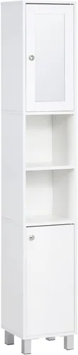 kleankin Armario alto de almacenamiento de baño con espejo, gabinete de torre independiente de madera con estantes ajustables para baño o sala de