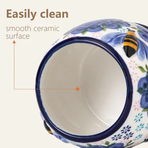Miniatura 7 de ZOOBEE Tarro de miel de cerámica de 10 onzas con tapa y tapa pintada a mano con diseño natural, pequeño recipiente portátil para miel para cocina